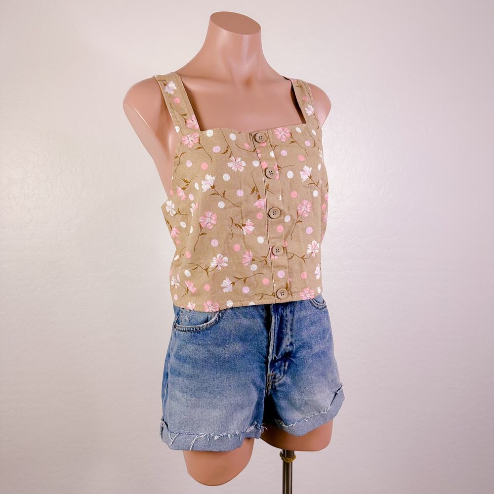 BP Sophie Floral Square Neck Linen Smocked Crop Tank Top Beige Tan Size 1X NWT